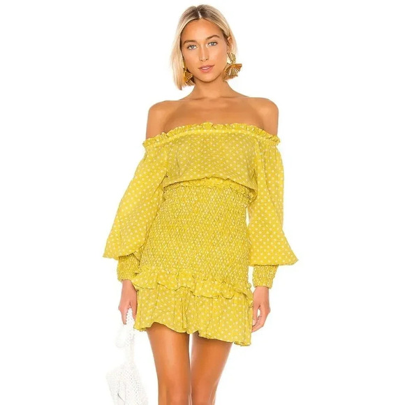 NWT! ALEXIS Marilena Smocked Yellow Dot Puff Sleeve Mini Dress - Picture 1 of 11